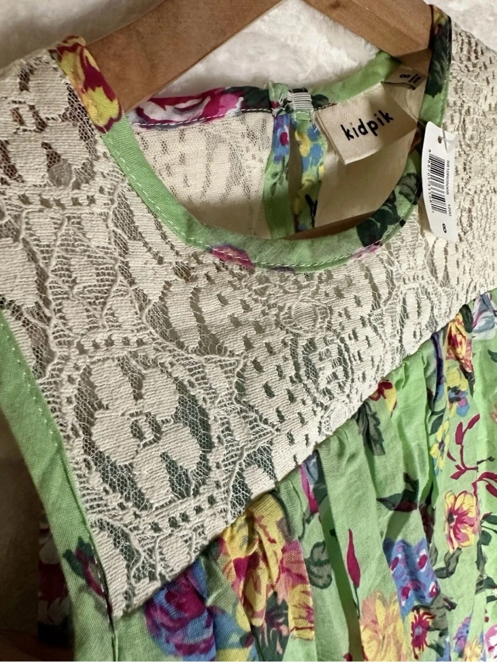 kidpik Green Floral Lace-Trim Dress, size 8